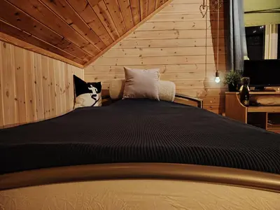 a bedroom with a bed and a wooden wall at Landgård Feriehus in Trysil