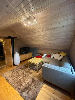 a living room with a couch and a table at Cottage in scenic surroundings in Hol