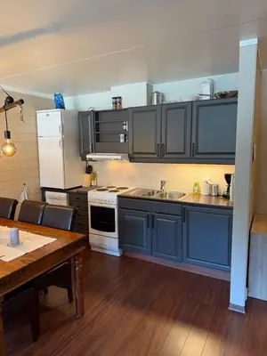 a kitchen with blue cabinets and a sink and a table at Storehorn apartments, Hemsedal - 2 bedrooms, 5 beds in Torset