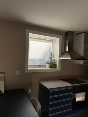 a small kitchen with a window and a counter top at Cozy apartment near city center and the mountains in Bergen