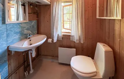 a bathroom with a toilet and a sink at Beautiful Home In Jordet With Sauna in Lybekk