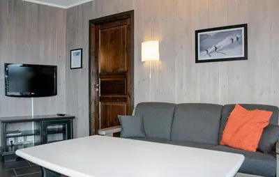 a living room with a couch and a tv at Lovely Apartment In Hemsedal With Sauna in Hemsedal