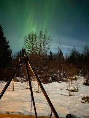 a tripod in the snow with the aurora in the sky at Traditional mountain cabin in Valdres in Blomstølen