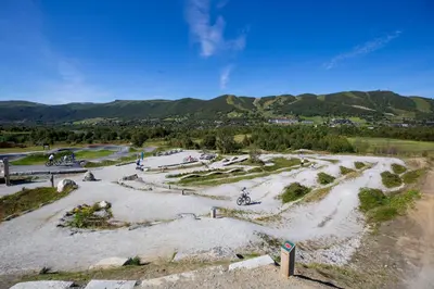an aerial view of a bike park in the mountains at Fully equipped ski-in ski-out apartment at Kikut, Geilo in Geilo
