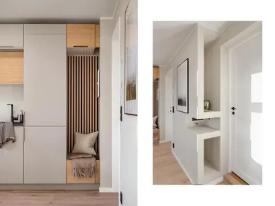 a room with white walls and a hallway with a mirror at Stay Panorama - Best view in Bergen l Studio in Bergen