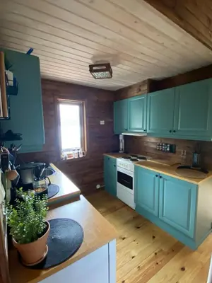 a kitchen with blue cabinets and a wooden ceiling at Cabin by Oppstrynsvatnet, Hjelle in Stryn