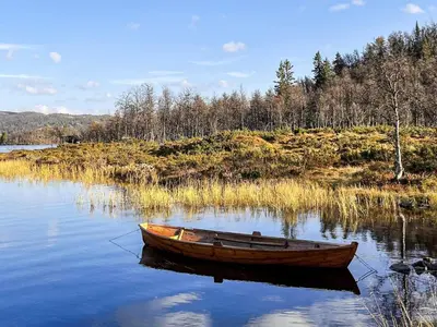 a wooden boat sitting in the middle of a lake at 4 person holiday home in gol in Gol