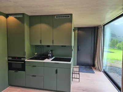 a green kitchen with a sink and a stove at Hytte Blåtind, Rekkedal Gjestegard - Sæbø in Sæbø