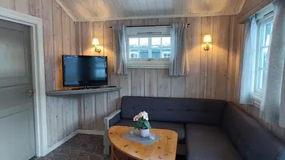 a living room with a couch and a table with a tv at Aurdal Fjordcamping og Hytter in Aurdal