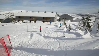 a group of people skiing down a snow covered slope at Pellestova Apartments in Hafjell