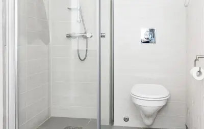 a bathroom with a toilet and a shower at 2 Bedroom Cozy Home In Edland in Vågsli