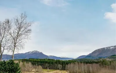 a tree in the middle of a field with mountains at 1 Bedroom Gorgeous Apartment In Kvisvik in Kvisvik