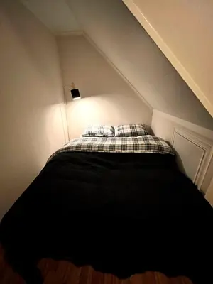 a bed in a small room with a ceiling at Cozy house with sea view close to Ålesund in Havsteinen
