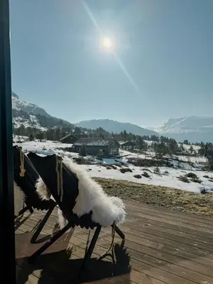 a bird walking on a wooden deck with the snow at Modern Cabin With Panoramic Views In Stryn in Stryn