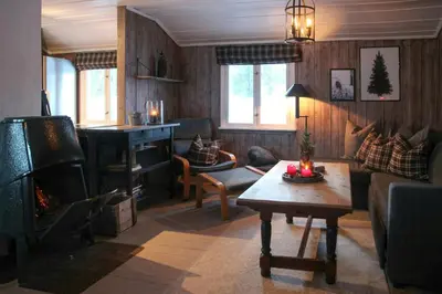 a living room with a couch and a fireplace at Charming Cabin In Vikerfjell in Hønefoss