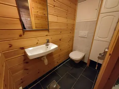 a bathroom with a sink and a toilet at cozy house with boat dock, sauna - FJORDTID in Rubbestadneset