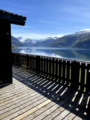 a dock with a view of a body of water at Stryn - Faleide - Cabin Fjord view in Stryn