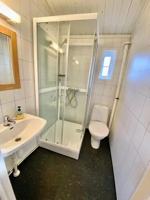 a bathroom with a shower and a toilet and a sink at Stryn - Faleide - Cabin Fjord view in Stryn