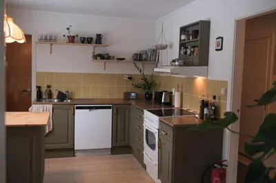 a kitchen with green cabinets and white appliances at Nesheim in Alnes