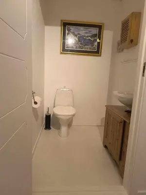 a bathroom with a toilet and a sink at Skjærgårdsidyll in Askøy