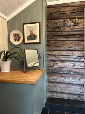 a wooden wall in a bathroom with a mirror at Tuddal Hyttegrend, GAMLESTUGU, Telemark in Tuddal