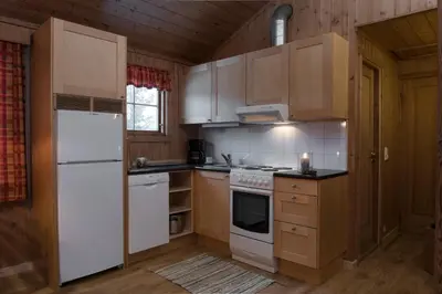 a kitchen with white appliances and wooden cabinets at Lemonsjø Fjellstue og Hyttegrend in Randsverk