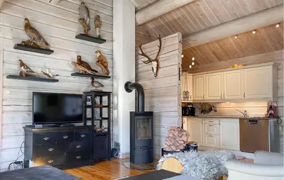 a living room with a woodburning stove in a house at Lovely Home In Straumgjerde in Brunstad