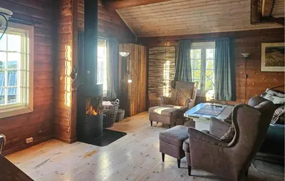 a living room with a woodburning stove in a cabin at Stunning Home In Flesberg With Sauna in Flesberg