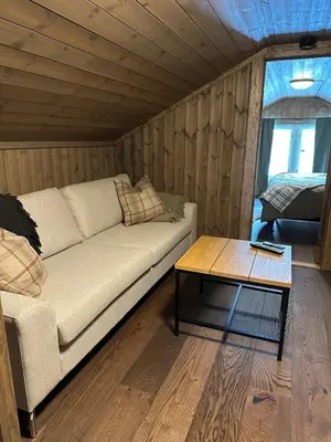 a living room with a couch and a coffee table at Sentrumsnær Røroshytte in Røros