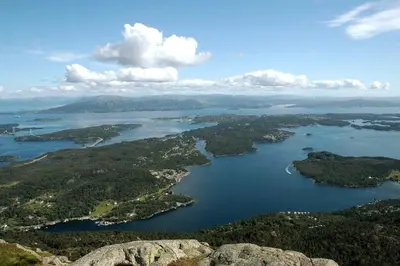 an aerial view of a large body of water at Stay where the mountains begin in Bømlo
