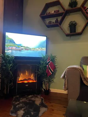 a living room with a television and a fireplace at Cozy apartment in City Center in Bergen