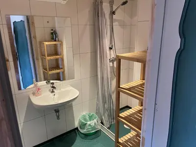 a bathroom with a sink and a shower at Syndinstøga in Ryfoss