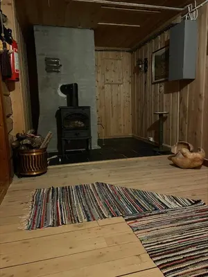 a living room with a stove and a rug at Koselig tømmerhus på gammel gård i Skåbu in Graupe