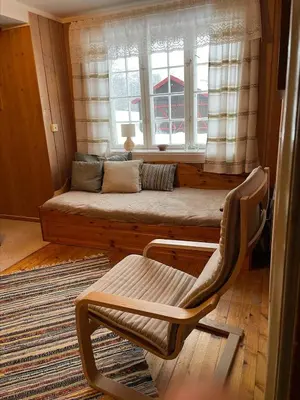 a living room with a couch and a window at Koselig tømmerhus på gammel gård i Skåbu in Graupe