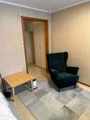a living room with a green chair and a table at Small apartment in Meldal in Syrstad