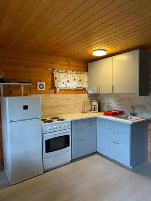 a kitchen with white appliances and a wooden ceiling at Hafslo hytteutleige Straumane in Hafslo