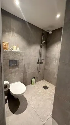 a bathroom with a white toilet and a shower at One bedroom apartment close to Asker centrum in Lii