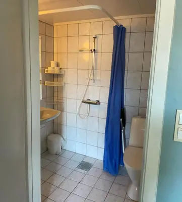 a bathroom with a shower and a sink and a toilet at Ole Bull Akademiet in Vossevangen