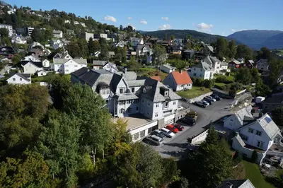 an aerial view of a small town with houses at Ole Bull Akademiet in Vossevangen