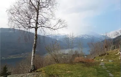 a tree sitting on top of a hill next to a mountain at Stunning Home In Steinstø With Wifi in Steinstø