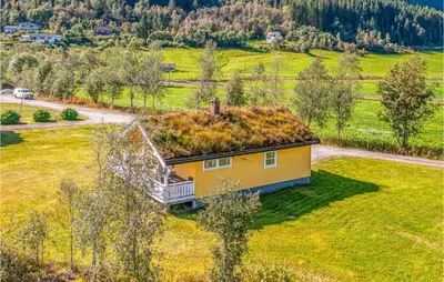an overhead view of a house with a grass roof at Gorgeous Home In Fjærland in Fjarland
