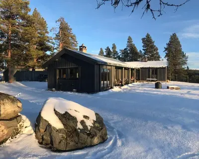 a house in the snow with a large rock at Large and family friendly cabin near Langedrag in Tunhovd
