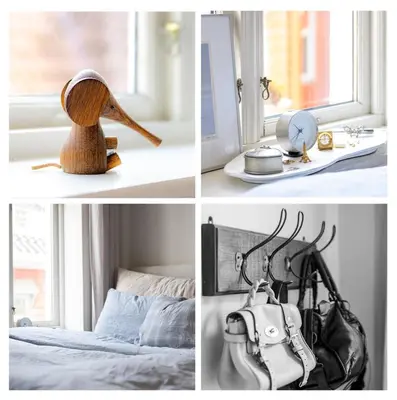 a collage of pictures of a bedroom with a camera and a bed at Bright City Apartment - Perfect Central Stay in Bergen