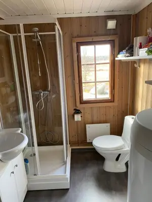 a bathroom with a toilet and a shower and a sink at Golsfjellet in Gol
