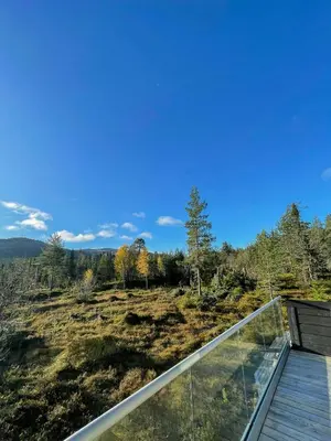 a glass balcony with a view of a forest at Large Familycabin In Fageråsen in Trysil