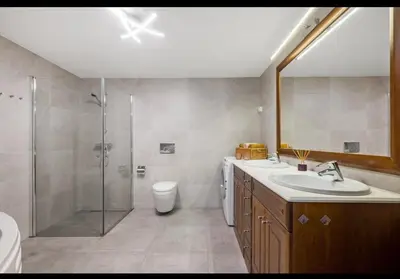 a bathroom with a shower and a sink and a toilet at Cosy One Bedroom Apartment in Hval