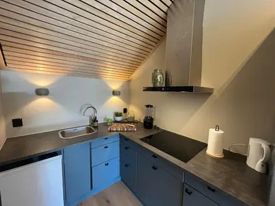 a kitchen with blue cabinets and a wooden ceiling at Modern Apartment Vaskerelven 12 in Bergen