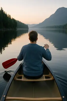 a man sitting in a canoe on a lake at Cozy cabin in Eikedalen in Eikedalen