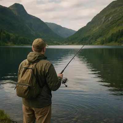a man standing in the water holding a fishing rod at Cozy cabin in Eikedalen in Eikedalen