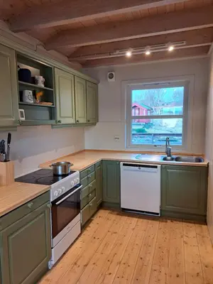 a kitchen with green cabinets and a sink and a window at Stort hus med havutsikt ved fjord og fjell med båt in Lensvik